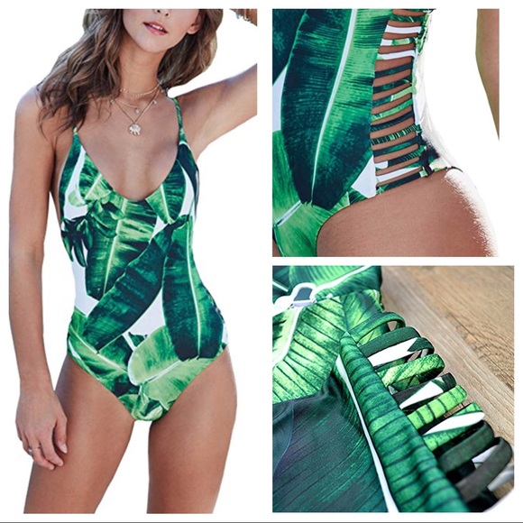 ♡ NWT One Piece Palm Printed Monokini Swimsuit ♡ - Picture 2 of 8